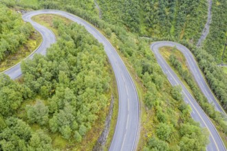 Hairpin curves in valley Hjelledalen east of Stryn, Norway, Europe