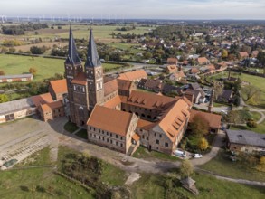 Aerial view of Jerichow monastery, located near the Elbe River, Saxony-Anhalt, Germany, Europe