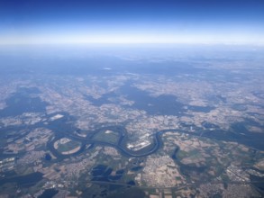 Aerial view from a great height View of the winding Old Rhine and the Rhine straightened for river