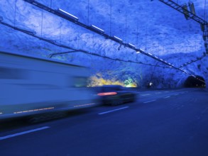 Tunnel between Aurland and Laerdal, Laerdalstunnelen, illuminated caves allow a stop, Sognefjord