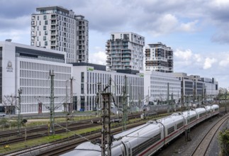 Railway line in Düsseldorf, along Toulouser Allee, residential area, office building, on former