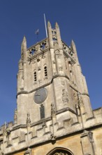 Clock tower of historic village parish church of Saint Mary, Fairford, Cotswolds Gloucestershire,