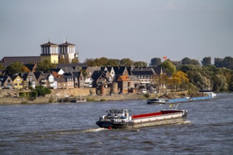 Cargo ships on the Rhine near Rees, Church of the Assumption of the Virgin Mary North