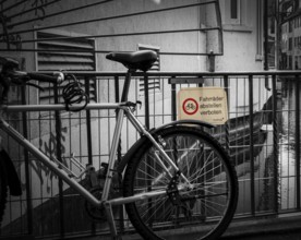 Bicycle, railing, prohibition sign, text, prohibition, city, Freiburg, Germany, Europe