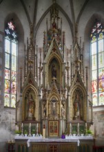 Interior view of the choir, neo-Gothic high altar, altar, parish church, Dorf Tyrol, Tirolo, South