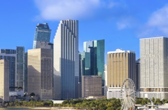 USA, scenic Miami harbor panoramic skyline close to Miami port and Biscayne bay, North America