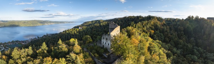 Aerial view, panorama of Lake Constance, Lake Überlingen, with the ruins of Altbodman on the