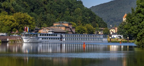 Passenger jetty, promenade on the banks of the Main, Miltenberg, Lower Franconia, Bavaria, Germany,