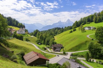 Maria Gern pilgrimage church, view of the Watzmann, farm, Berchtesgarden Alps, Berchtesgaden,