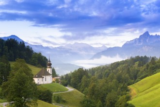 Maria Gern pilgrimage church, view of the Watzmann, in front of sunrise, Berchtesgarden Alps,