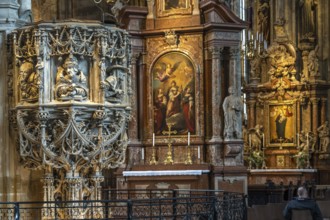 Pulpit in the interior of St Stephen's Cathedral in Vienna, Austria, Europe