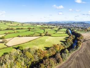 Fields and Farms over River Usk from a drone, Brecon, Brecon Beacons, Powys, Wales, England, United