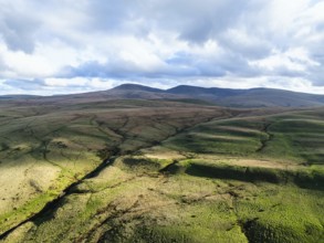 Farms over Black Mountain from a drone, Brecon Beacons National Park, Carmarthenshire, Wales,