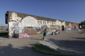 Rehinpark Duisburg, skate park with graffiti wall, boy jumping with stunt scooter, Duisburg, North