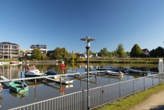 Leisure harbour, moorings, motorboats, Leer, East Frisia, Germany, Europe