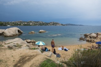 Beach and bizarre granite rocks, Spiaggia del Faraglione, Palau, Costa Smeralda, Sardinia, Italy,