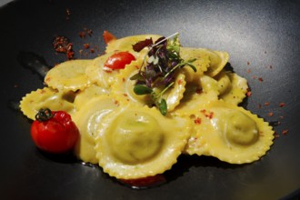 Ravioli, Italian dumplings, filled, pasta served on a plate, primo piatto, 1st main course, cherry