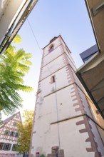 High church tower surrounded by half-timbered houses and autumnal atmosphere, Nagold, Black Forest,