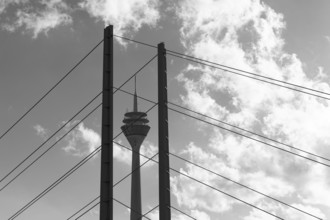 Pylon of the Rheinknie Bridge, view of the Rhine Tower, Düsseldorf, North Rhine-Westphalia,