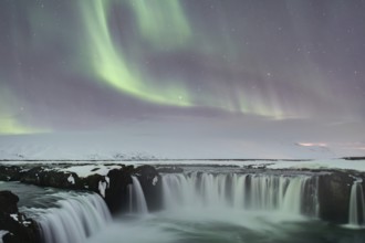 Northern Lights or Aurora Borealis, river Skjálfandafljót, waterfall Góðafoss or Godafoss, long