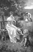 In spring, girl has picked a small bouquet of field flowers for her mother, Family idyll,