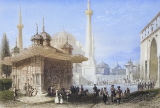 Fountain and Saint Sophia Square, Istambul, Turkey, Historical, digitally restored reproduction