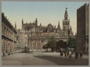 Plaza del Triunfo con la Catedral, Seville, Andalusia, Spain, c. 1890, Historic, digitally restored