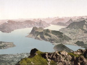 View over Lake Lucerne, Pilatus, Switzerland, Historic, digitally restored reproduction from a 19th