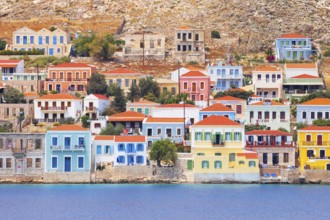 Seafront traditional houses, Halki Island, Dodecanese Islands, Greece, Europe