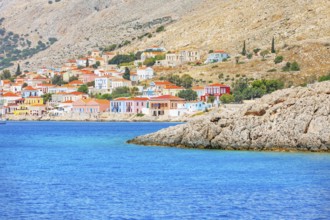 View of Emporio harbour, Halki Island, Dodecanese Islands, Greece, Europe