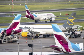 Düsseldorf Airport, Eurowings and Condor aircraft on the apron, on the taxiway to take-off,