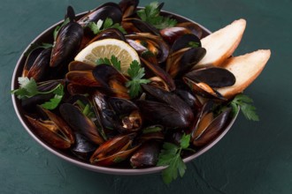 Fresh, Boiled mussels, Black Sea, with parsley and lemon, no people, top view