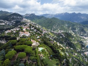 View of Ravello from a drone, Amalfi Coast, Tyrrhenian Sea, Salerno, Campania, Italy, Europe