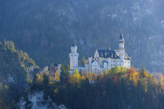 Fairytale Neuschwanstein Castle in autumn light, hidden in a mystical mountain landscape,