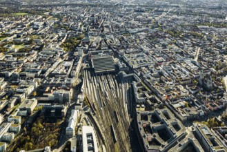 Railway station, aerial view, bird's eye view, Munich, Bavaria, Germany, Europe