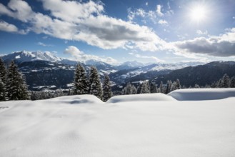 Snow-covered winter landscape, above Flims and Laax, view of the Vorderrheintal, Canton of