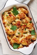 Baked cauliflower, in cream sauce, with cheese and spices, homemade, no people