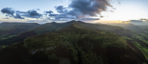 Panorama of Sunset over Pen y Fan and Cribyn from a drone, Brecon Beacons National Park, Wales,