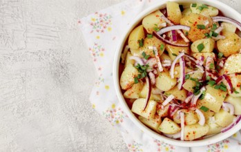 Boiled potato salad with red onion, German cuisine, homemade, no people