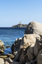 Lighthouse and rocks, Capo Carbonara, Villasimius, south coast, Sardinia, Italy, Europe