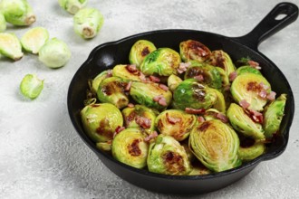 Roasted brussels sprouts, with bacon, vegetarian food, homemade, no people