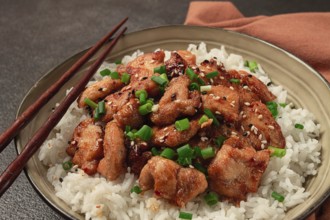 Fried chicken teriyaki with rice, green onion and sesame, homemade, no people