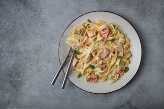 Tagliatelle pasta, in cream sauce with salmon, homemade, no people