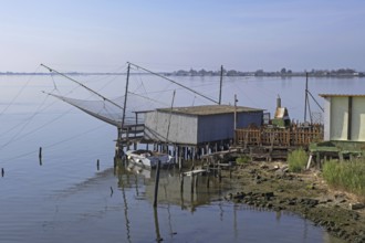 Carrelets, lift nets, lever nets in the Po River Delta, north of Taglio della Falce, Ferrara,