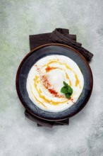 ?ilbir, traditional Turkish breakfast, Turkish eggs with yogurt and butter, homemade, no people