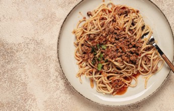 Spaghetti Bolognese, top view, close-up, without people, homemade