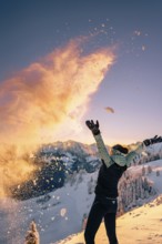 Hiking in the snow in the snow-covered winder landscape in the Alps at Neunerköpfle in the