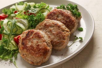 Fried cutlets, turkey, with vegetable salad, top view, no people