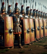 Roman legionaries stand in a cohort with shield, helmet and armour, symbolic image Roman Empire,