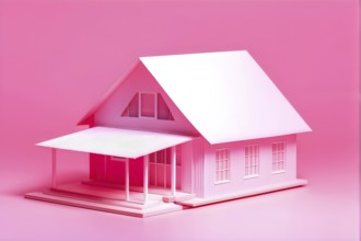 AI generated pink paper house nestled against a seamlessly matching pink backdrop